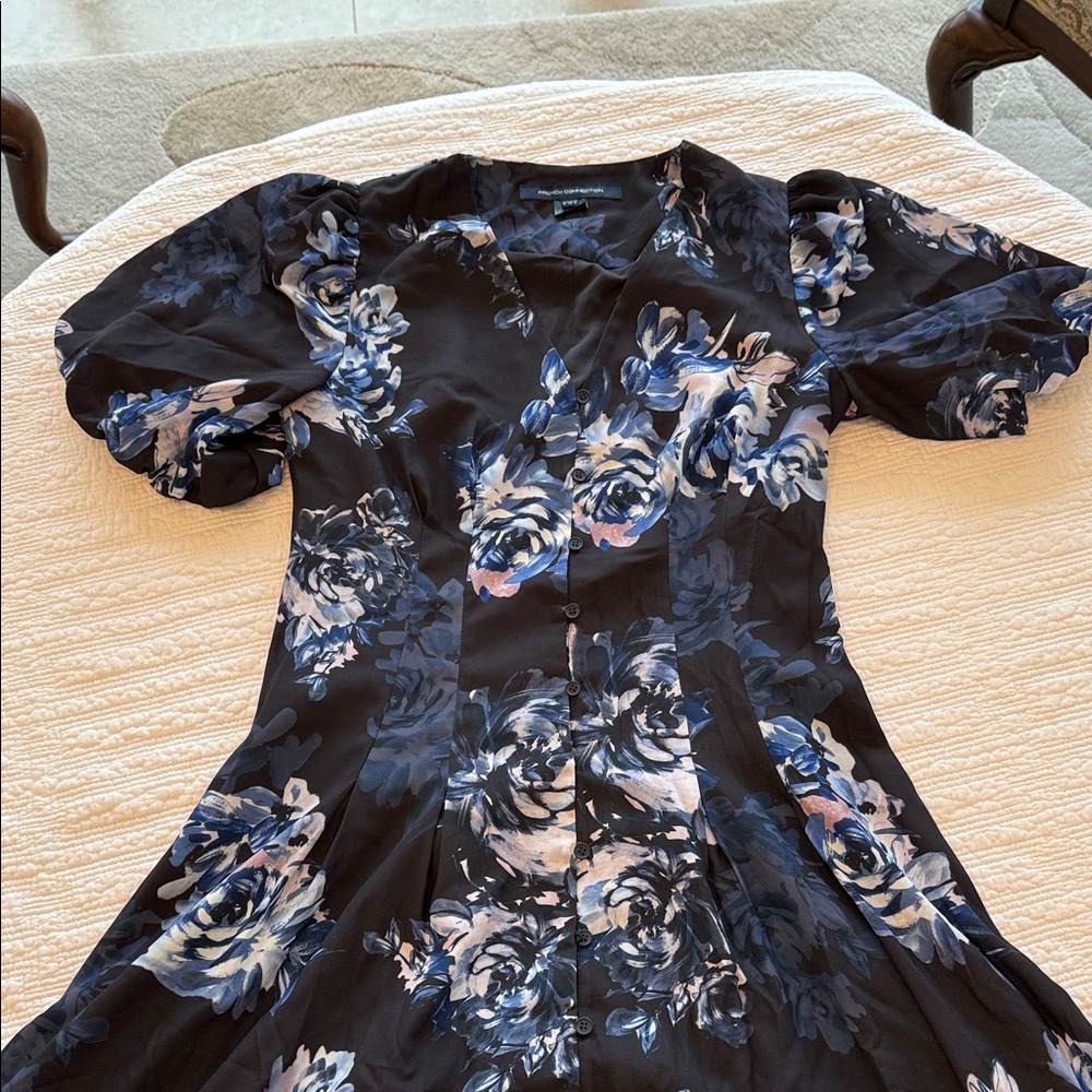 French Connection Asymmetrical Floral Midi/Maxi Dress - Black and Blue